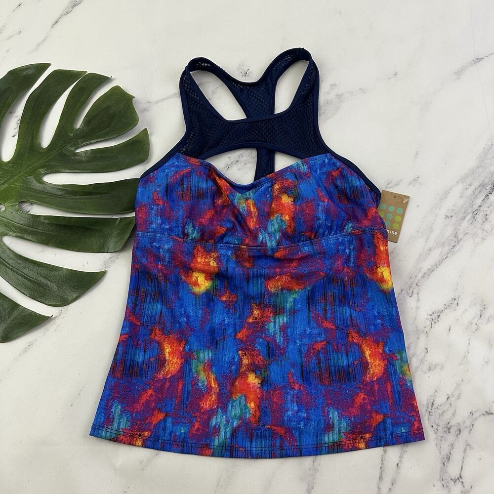 Title Nine Womens Tankini Swim Top Size M Blue Red Mesh Racerback